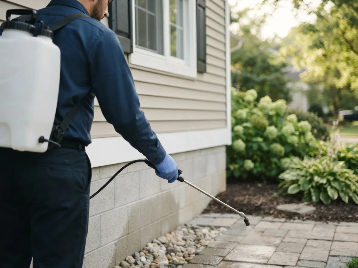 Pest control technician inspecting a home in Barnard, MO